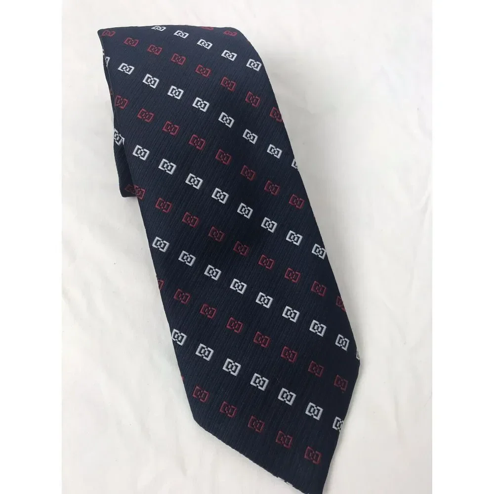 Vintage Christian Dior Classic Tie Necktie Blue Burgundy Geometric‎
